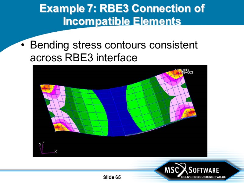 Slide 65 Example 7: RBE3 Connection of Incompatible Elements Bending stress contours consistent across